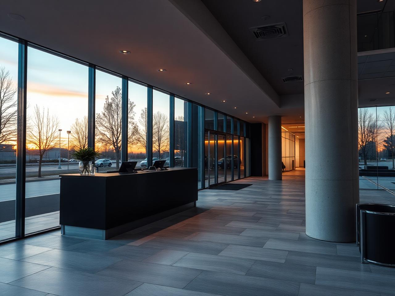 Lobby einer modernen Gewerbeimmobilie in der Abenddämmerung
